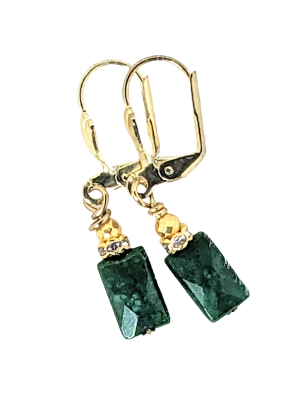 Green Aventurine, Gold Rhinestone Spacers, Gold Earrings